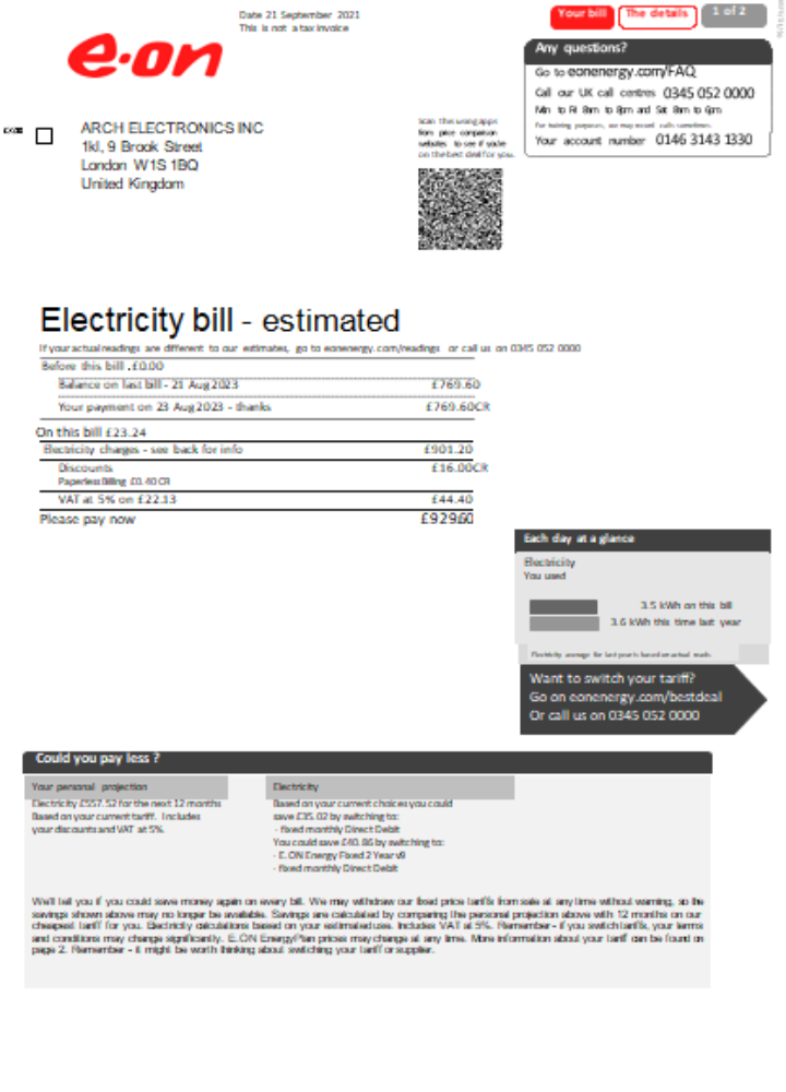 E.ON UK electricity utility business bill, page 1 SCR PSD template